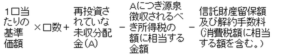 1口当たりの基準価格×口数＋再投資されていない未収分配金-Aにつき源泉徴収されるべき所得税の額に相当する金額-信託財産留保額および解約手数料（消費税額に相当する額を含む。）